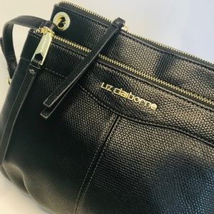 Black leather crossbody Liz Claiborne adjustable strap gold trim